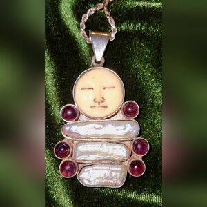 Sterling Silver, Horn/Bone Face, Pearl and Amethyst Necklace